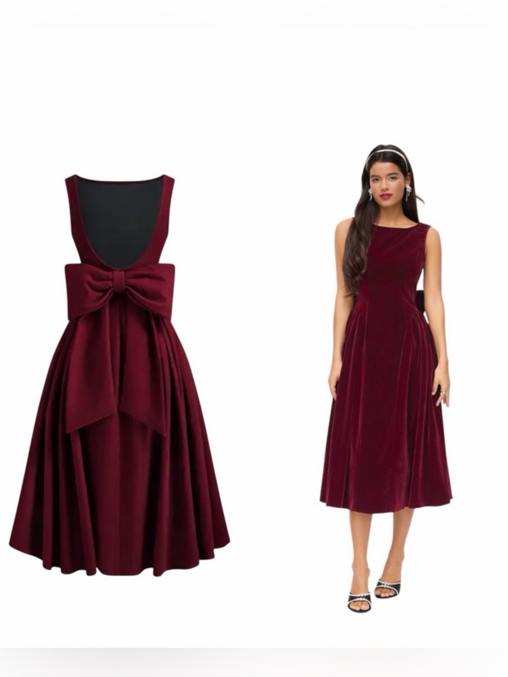 Cider Wine Red Velvet Midi Dress with Bow Back